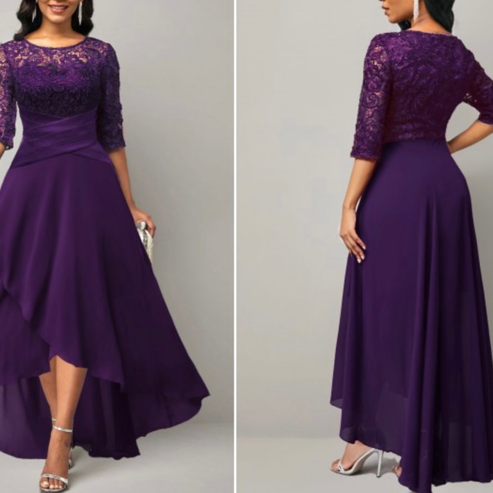 Purple dress, lace and satin poly. 1x, true to size by Modily.